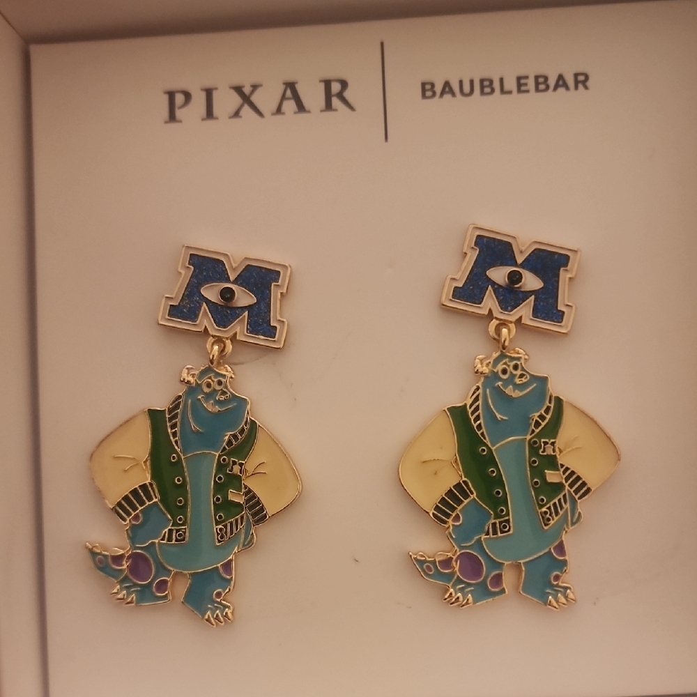 BaubleBar Pixar Monsters Inc Earrings - Blue, Green, and Gold Sulley - Picture 3 of 4